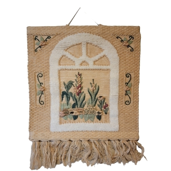 Vintage Hand Woven Fiber Art 34 x 42 Tapestry Wall Hanging Embroidered Fringe - Picture 2 of 6